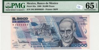 Mexico 1988 20000 Pesos Pmg Certified Banknote Unc 65 Epq Gem Pick 92a