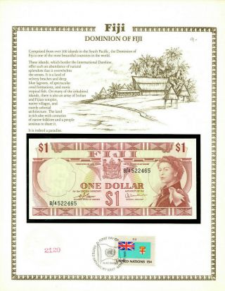 Fiji 1 Dollar 1974 P 71b Unc W/fdi Un Flag Stamp Prefix B/4