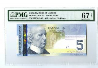 2010 $5 Bank Of Canada Pmg 67 Epq Bc - 67b - I Banknote Jenkins Carney - Gem