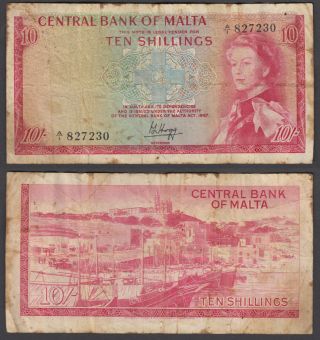 Malta 10 Shillings 1967 (1968) (vg - F) Banknote P - 28 Qeii