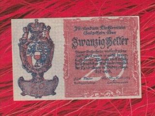 Liechtenstein 20 Heller 1920.  G Unc (033) Scarce Banknote Unc