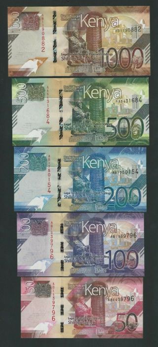 Kenya 50,  100,  200,  500,  1000 Shillings 2019 P - Full Set Unc