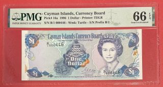 Cayman Islands $1 Dollar 1996 Prefix B/1 Pick 16a Pmg: 66 Epq Gem Unc.  (2538)