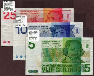 Netherlands " 1966 - 72 Issue " 5,  10&25 Gulden {triple} Vf/vf,  Notes: P95a,  P91b&p92b