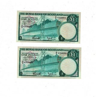Scotland 1969 Royal Bank Of Scotland 1 Pound 2 Consecutive Notes Unc Pb1
