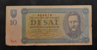 Slovakia 10 Korun 1943 Rare Serie,  Weak Paper.
