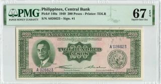 Philippines 200 Pesos 1949,  P - 140a Central Bank,  Pmg 67 Epq Gem Unc,  Rare