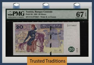 Tt Pk 88 1992 Tunisia Banque Centrale 20 Dinars Pmg 67 Epq Gem Unc