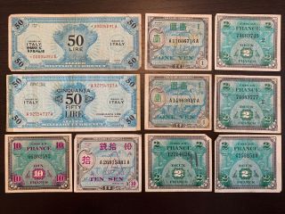 Allied Military Currrency Wwii 50 Lire 1 Yen 10 Francs 2 Francs 10 Sen,  10 Notes
