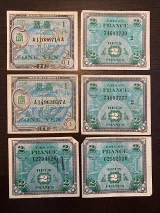 Allied Military Currrency WWII 50 Lire 1 Yen 10 Francs 2 Francs 10 Sen,  10 Notes 2