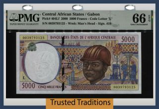Tt Pk 404lf 2000 Central African States / Gabon 5000 Francs Pmg 66 Epq Gem Unc
