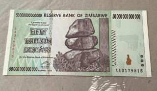 50 Trillion Zimbabwe Dollar Banknote.  Uncirculated - Harare 2008 Prefix Aa