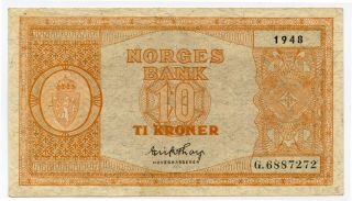 Norway 1948 Issue 10 Kroner Banknote Scarce Crisp Xf.  Pick 26g.