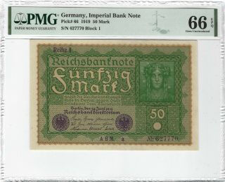 Germany 50 Mark 1919,  P - 66 Imperial Bank Note,  Pmg 66 Epq Gem Unc,  Pretty Design