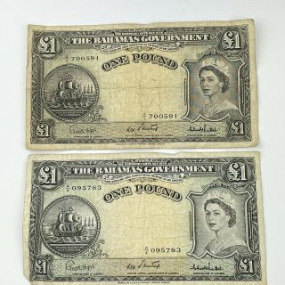 Scarce 2 X Vintage The Bahamas Government One Pound £1 Notes Currency Act 1936