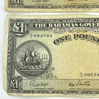 Scarce 2 X Vintage The Bahamas Government One Pound £1 Notes Currency Act 1936 3
