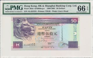 Hong Kong Bank Hong Kong $50 1998 S/no Xx2333 Pmg 66epq