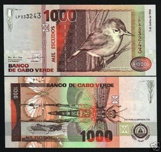 Cape Verde 1000 1,  000 Escudos P - 65 1992 Bird Butterfly Insect Unc Animal Note