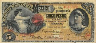 México 5 Pesos 10.  8.  1913 S 257c Series Ga / Sa Circulated Check Ssm
