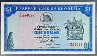 Rhodesia Reserve Bank $1 One Dollar 2 Sept 1974 Sn364029 P 30 Grade: Unc A1611