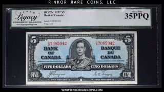1937 Legacy Vf35ppq Bank Of Canada Note $5 Dollars Bc - 23c Lovely