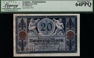 Tt Pk 63 1915 Germany Reichsbanknote 20 Mark Lcg 64 Ppq Very Choice