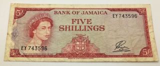 Jamaica 1964 5 Shillings P 51 Queen Elizabeth Ii Banknote