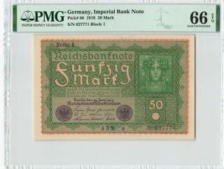 Germany 50 Mark 1919,  P - 66 Imperial Bank Note,  Block 1,  Pmg 66 Epq Gem Unc