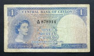 Ceylon 1 Rupee Banknote 16/10/1954 Elizabeth Ii P 49b Vg - Fine S/n: A/54 878914