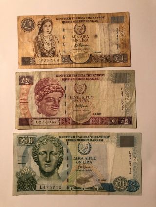 Cyprus Set 1 - 5 - 10 Pounds (1997) Circulated Banknote