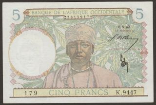 Ch Unc French West Africa P - 25 / B112c 6 - 5 - 1942 5 Francs 179