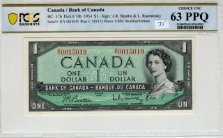Canada 1954 1 Dollar Pcgs Banknote Certified Choice Unc 63 Ppq Bc - 37b 74b B/y