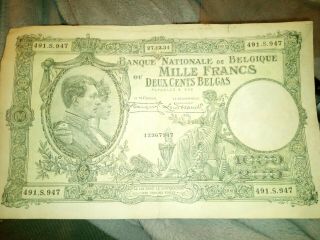 Belgium 1000 Francs 25.  06.  1938 P 104 Series S Circulated Banknote