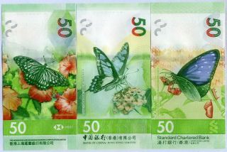 Hong Kong Set 3 Unc 50 Dollars 2018/2020 P 219 303 349 Hsbc Scb Boc Nr