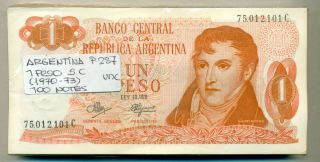 Argentina Bundle 100 Notes 1 Peso Sc (1970 - 73) P 287 Unc