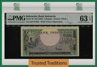 Tt Pk 49 1957 Indonesia Bank Indonesia 5 Rupiah Pmg 63 Epq Choice Uncirculated