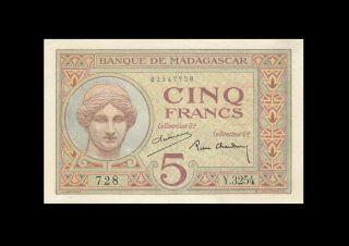 1937 French Africa " Madagascar " 5 Francs Rare " Y " ( (aunc))