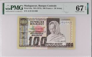 Madagascar 100 Francs 20 Ariary Nd 1974 P 63 Gem Unc Pmg 67 Epq