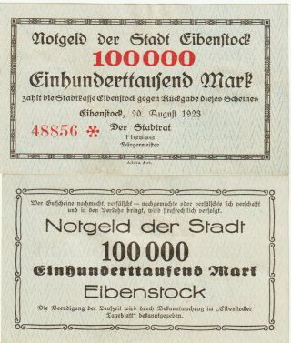 Germany - Eibenstock,  100,  000 Mark Banknote,  20.  8.  1923 Choice About Unc,  Cat 1253 - E