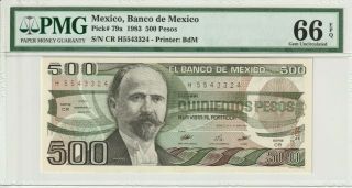 Mexico 1983 500 Pesos Pmg Certified Banknote Unc 66 Epq Gem Pick 79a