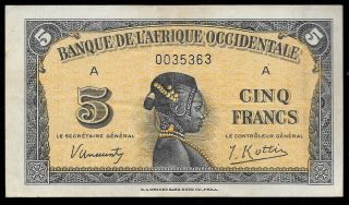 World Paper Money - French West Africa 5 Francs 1942 P28a @ Crisp Vf - Xf