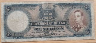Five 5 Shillings Bank Note From British Fiji 1951 Rare