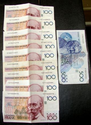 9 Belgium Banque Nationale De Belgique100 Francs & 1 500 Francs Bank Notes