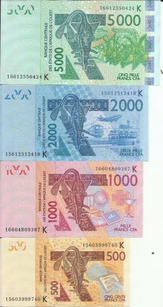 West African States Set 500 - 1000 - 2000 - 5000 Francs.  Unc.  5rw 25mar