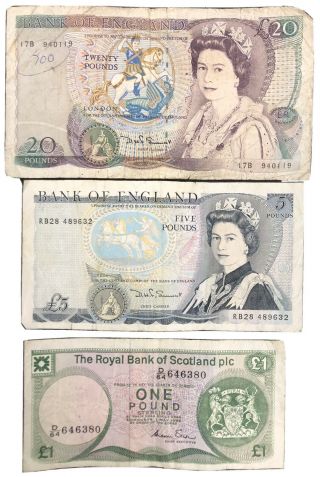 England Uk Great Britain Qeii £20,  £5 And £1 (bank Of Scotland) Bank Notes