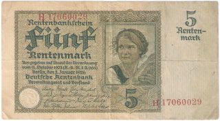 Germany Banknote - 5 Funf Mark - Year 1926 - Rentenmark - Farm Girl - Rare