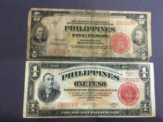 Philippines (2 Old Notes) 1 And 5 Pesos 1936 And 1941 - - Red Seal