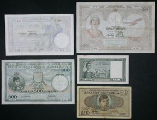 Yugoslavia (kingdom) - Set Of 5 Notes - 10 - 1000 Dinara - P 27a 29 30 32 35 Vg - Vf
