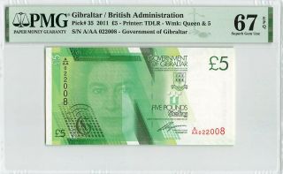 Gibraltar 5 Pounds 2011,  P - 35 Government,  A/aa 022008,  Pmg 67 Epq Gem Unc