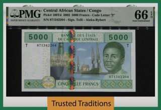 Tt Pk 109td 2002 Central African States / Congo 5000 Francs Pmg 66 Epq Gem Unc